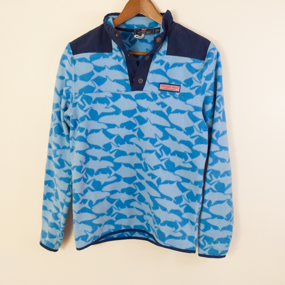 Vineyard Vines Boys Fish Shark Print Quarter Zip Shep Shirt Size XL